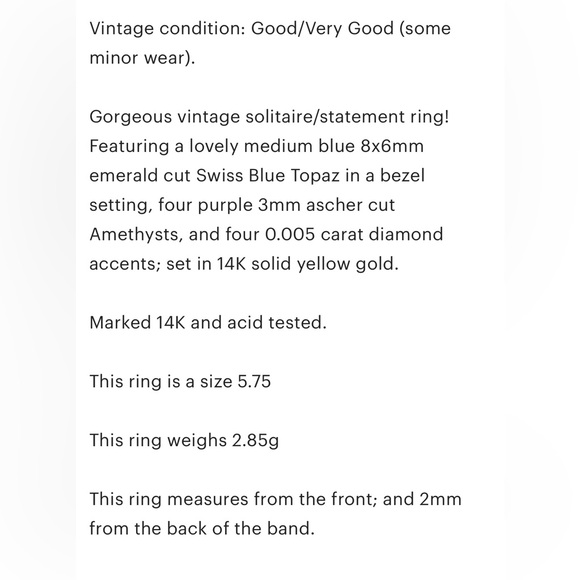 Vintage Swiss Blue Topaz Ring: 14K Yellow Gold Amethyst Diamond Accent - Picture 12 of 12